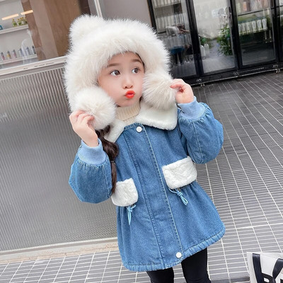 2023 Φθινόπωρο/Χειμώνα βελούδινο τζιν παλτό για κορίτσια Ζεστό γιακά με στριφογυριστή τζιν μπλούζα για παιδιά CH236