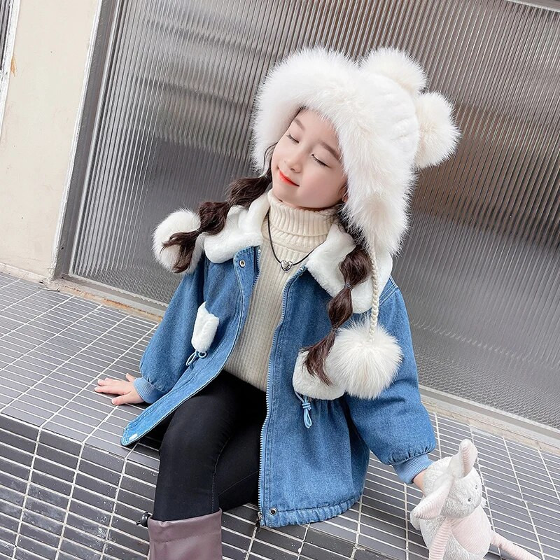 2023 Φθινόπωρο/Χειμώνα βελούδινο τζιν παλτό για κορίτσια Ζεστό γιακά με στριφογυριστή τζιν μπλούζα για παιδιά CH236