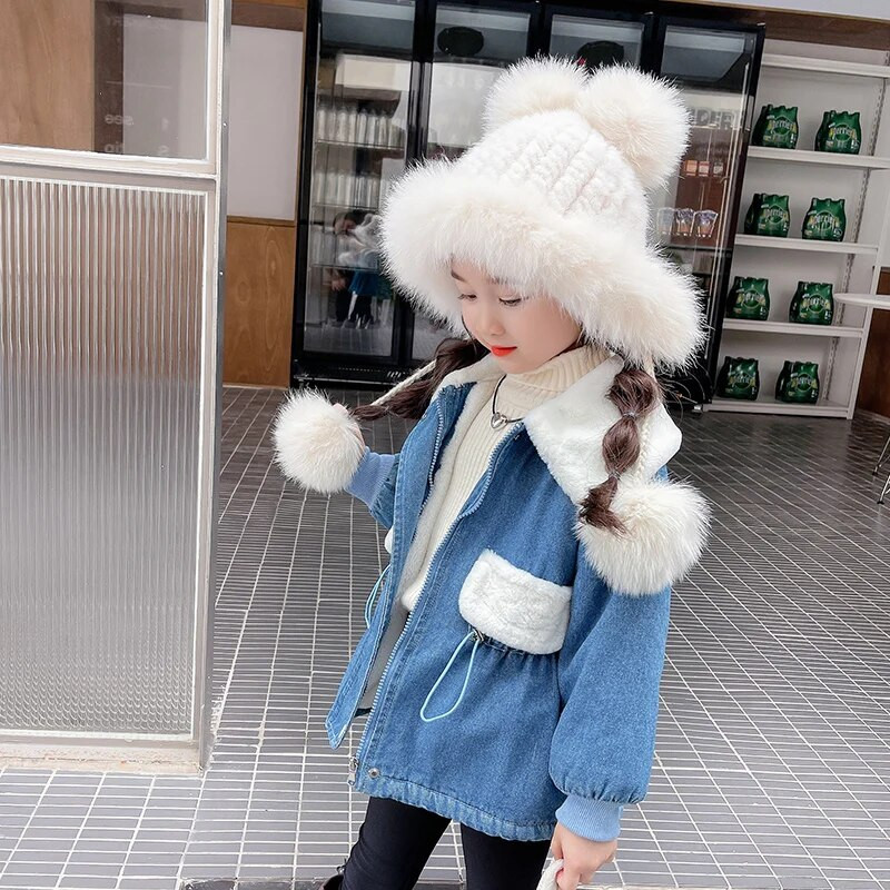 2023 Φθινόπωρο/Χειμώνα βελούδινο τζιν παλτό για κορίτσια Ζεστό γιακά με στριφογυριστή τζιν μπλούζα για παιδιά CH236