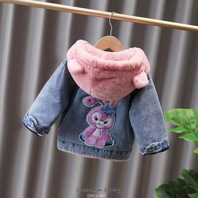 Korea sügistalvine tüdruku teksajakk, multikas kapuutsiga pluss sametine Littie poiste pealisriiete mantel 2-10 aastane laste parka komplekt