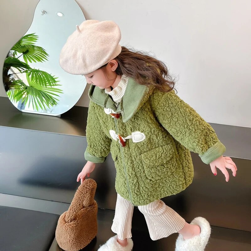 2023. aasta sügis, uued tüdrukute rõivad plüüsis jope, pika kapuutsiga lambanööbiga mantel, laste tüdrukute moerõivad väikelapsele CH80