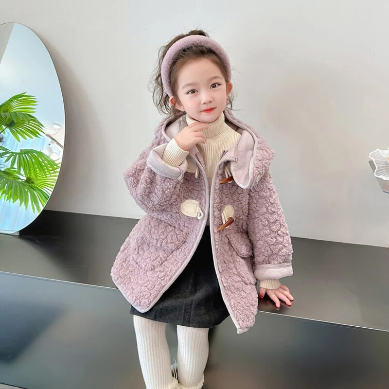 2023. aasta sügis, uued tüdrukute rõivad plüüsis jope, pika kapuutsiga lambanööbiga mantel, laste tüdrukute moerõivad väikelapsele CH80