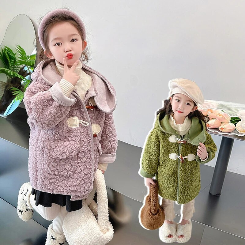 2023. aasta sügis, uued tüdrukute rõivad plüüsis jope, pika kapuutsiga lambanööbiga mantel, laste tüdrukute moerõivad väikelapsele CH80