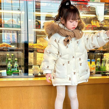 Памучно палто за момичета 2023 Ново бродирано дълго детско яке с качулка Зимно удебелено палто за снежен костюм CH15