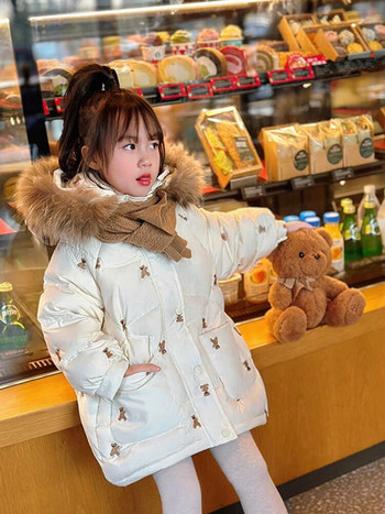 Памучно палто за момичета 2023 Ново бродирано дълго детско яке с качулка Зимно удебелено палто за снежен костюм CH15