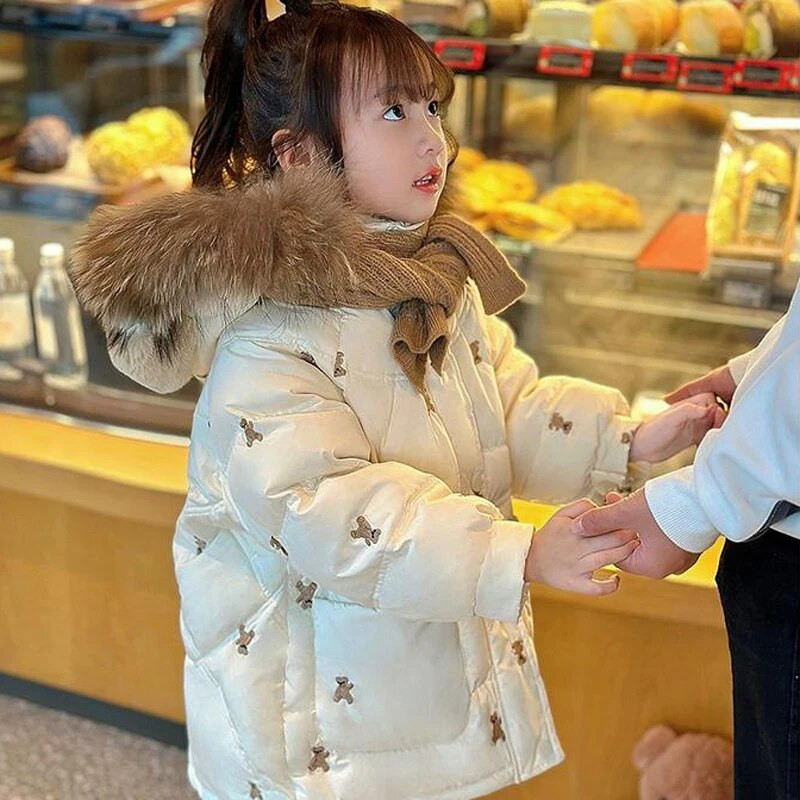 Tüdrukute puuvillane sulemantel 2023 uus tikitud pikk laste kapuutsiga krae, paks talvine lumekostüüm CH15