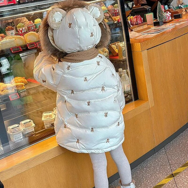 Tüdrukute puuvillane sulemantel 2023 uus tikitud pikk laste kapuutsiga krae, paks talvine lumekostüüm CH15