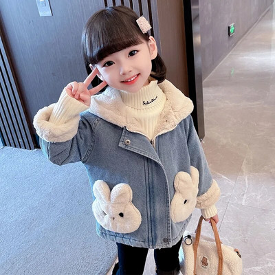 Laste mantel Sügistalvine Tüdrukute Teksajakk Palus samet Soe Paks Väikelapse Beebi Ülerõivad Armas Küüliku kapuutsiga jope CH131