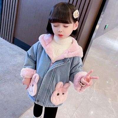 Laste mantel Sügistalvine Tüdrukute Teksajakk Palus samet Soe Paks Väikelapse Beebi Ülerõivad Armas Küüliku kapuutsiga jope CH131