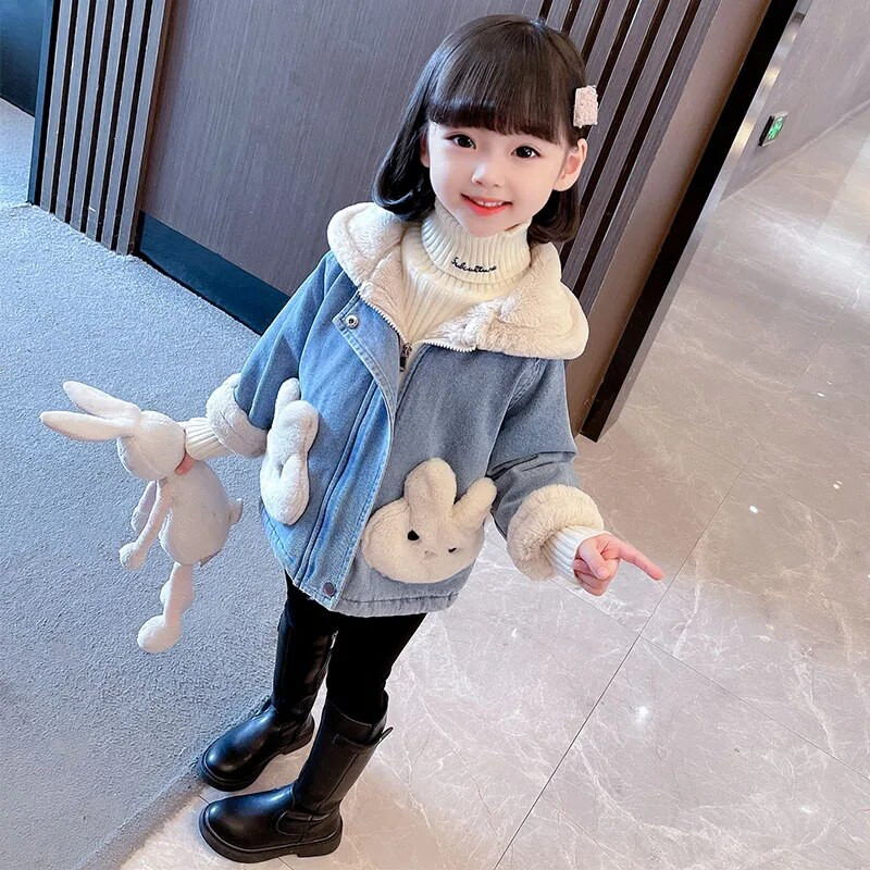 Laste mantel Sügistalvine Tüdrukute Teksajakk Palus samet Soe Paks Väikelapse Beebi Ülerõivad Armas Küüliku kapuutsiga jope CH131