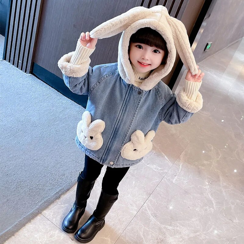 Laste mantel Sügistalvine Tüdrukute Teksajakk Palus samet Soe Paks Väikelapse Beebi Ülerõivad Armas Küüliku kapuutsiga jope CH131