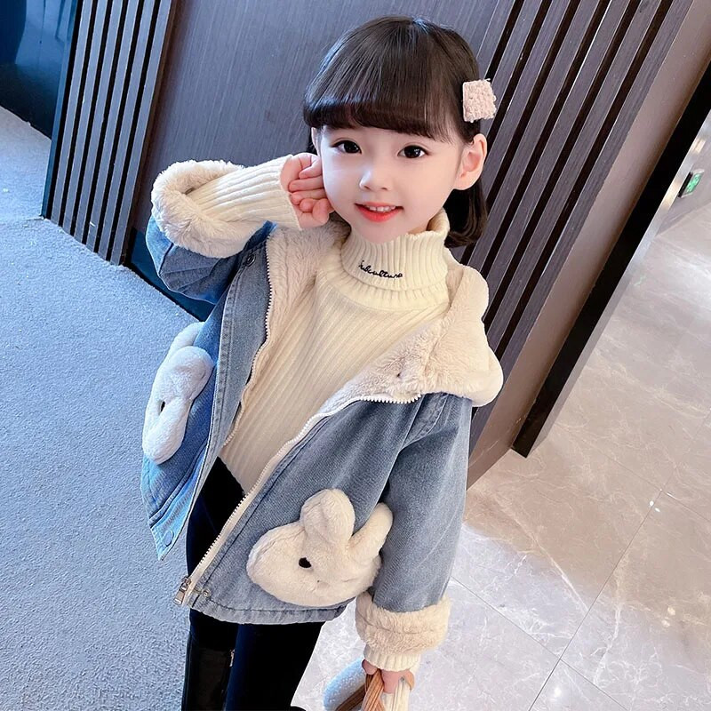 Laste mantel Sügistalvine Tüdrukute Teksajakk Palus samet Soe Paks Väikelapse Beebi Ülerõivad Armas Küüliku kapuutsiga jope CH131