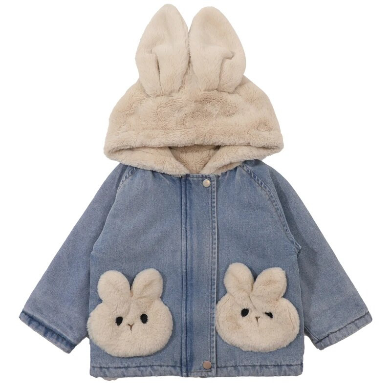 Laste mantel Sügistalvine Tüdrukute Teksajakk Palus samet Soe Paks Väikelapse Beebi Ülerõivad Armas Küüliku kapuutsiga jope CH131