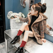 2022 Mood Sügis Talvine Parka Tüdrukutele Karvased Riided Pikad Villased Mantel Lastele Ülerõivad Võremustriga Polsterdatud soojad riided TZ569