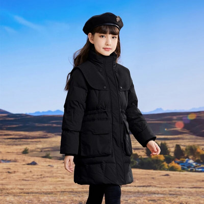 Žieminė madinga pūkinė striukė vaikams Mergaičių su ilgu gobtuvu vandeniui nepralaidus medvilninis paltas, šiltas storas paltas, atsparus dėmėms CH226