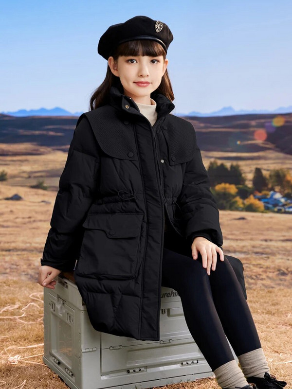 Žieminė madinga pūkinė striukė vaikams Mergaičių su ilgu gobtuvu vandeniui nepralaidus medvilninis paltas, šiltas storas paltas, atsparus dėmėms CH226