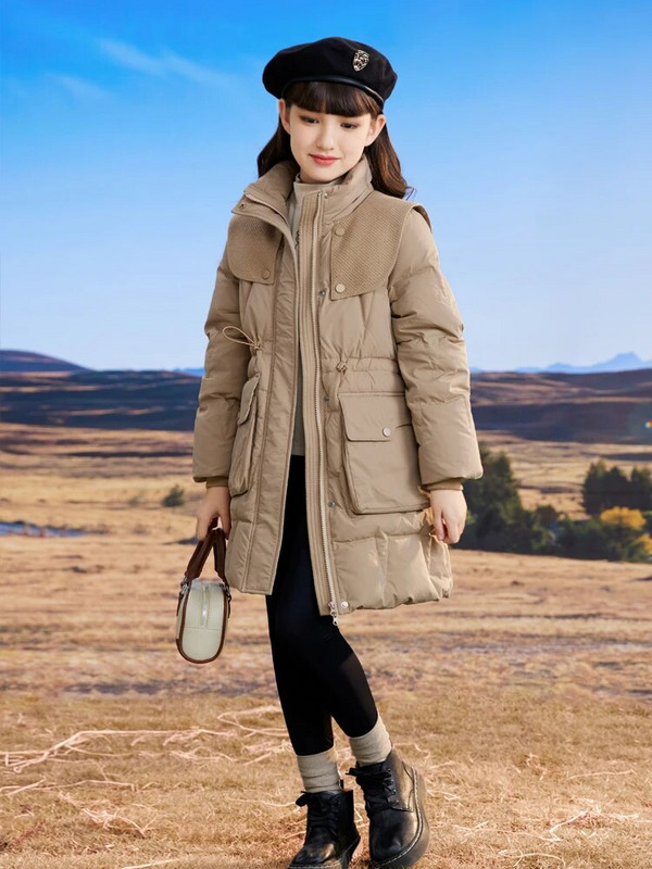 Žieminė madinga pūkinė striukė vaikams Mergaičių su ilgu gobtuvu vandeniui nepralaidus medvilninis paltas, šiltas storas paltas, atsparus dėmėms CH226