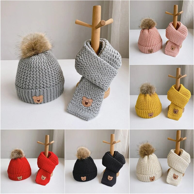 Zimné pletené čiapky a šatky pre novorodencov, jesenné 0-6R, akrylové, roztomilé, vyšívané, čiapky s medvedíkom, teplé, pre dojčatá, pletené čiapky pre chlapcov a dievčatá