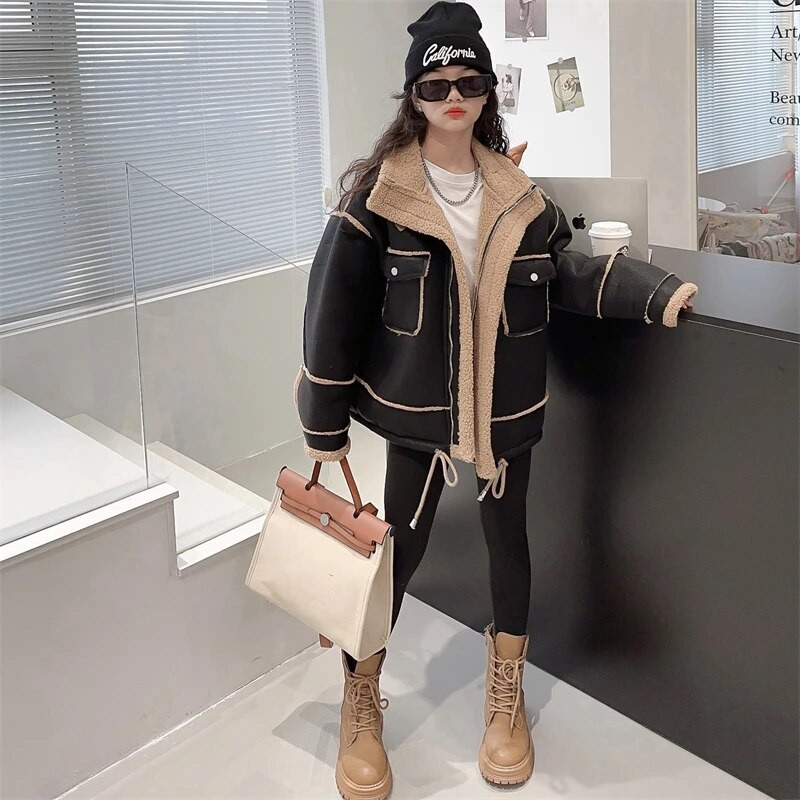 Talvine soe plüüs teksajakk Tüdrukutele Denim lambavillane must jakk pikkade varrukatega lasteriided CH199