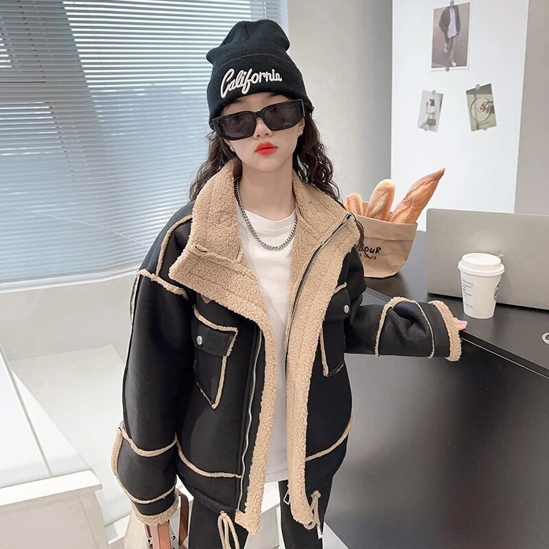 Talvine soe plüüs teksajakk Tüdrukutele Denim lambavillane must jakk pikkade varrukatega lasteriided CH199