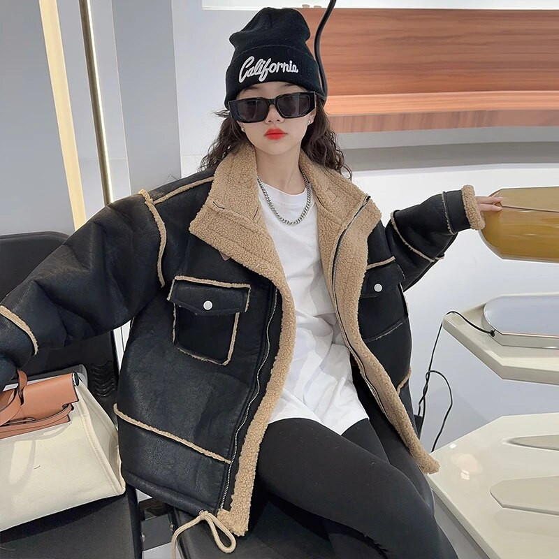Talvine soe plüüs teksajakk Tüdrukutele Denim lambavillane must jakk pikkade varrukatega lasteriided CH199