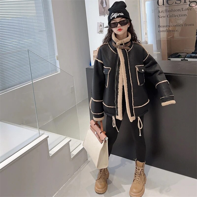 Talvine soe plüüs teksajakk Tüdrukutele Denim lambavillane must jakk pikkade varrukatega lasteriided CH199