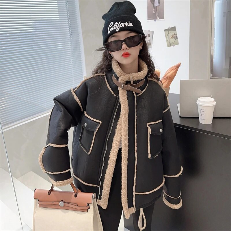 Talvine soe plüüs teksajakk Tüdrukutele Denim lambavillane must jakk pikkade varrukatega lasteriided CH199