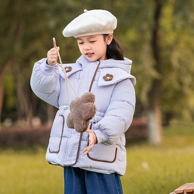 Új téli dzseki lányoknak vastagított kapucnis pamut ruhák baba meleg kabát 3-8 éves korig széldzseki gyermek felsőruházat CH213