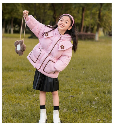 Új téli dzseki lányoknak vastagított kapucnis pamut ruhák baba meleg kabát 3-8 éves korig széldzseki gyermek felsőruházat CH213