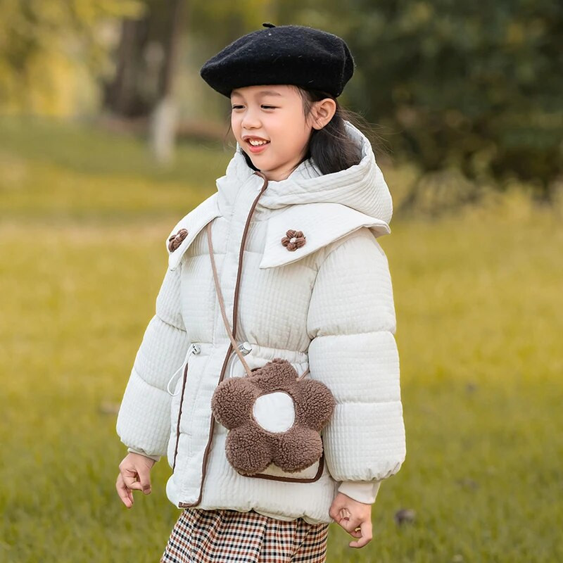 Új téli dzseki lányoknak vastagított kapucnis pamut ruhák baba meleg kabát 3-8 éves korig széldzseki gyermek felsőruházat CH213