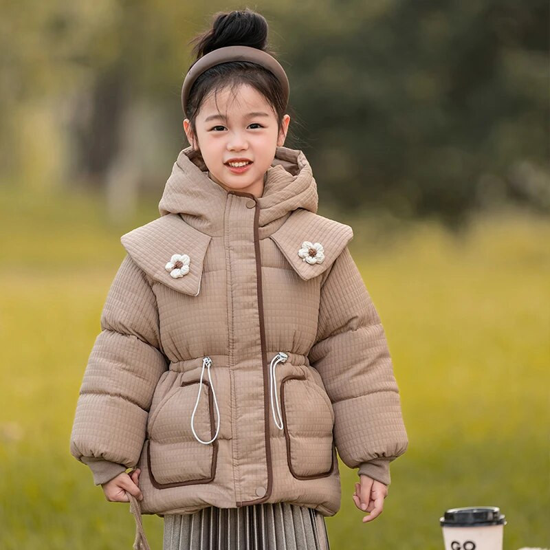Új téli dzseki lányoknak vastagított kapucnis pamut ruhák baba meleg kabát 3-8 éves korig széldzseki gyermek felsőruházat CH213