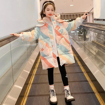 Зимни памучни дрехи за момичета 2023 Ново цветно модно детско дълго яке Удебелено ветроустойчиво топло палто Parker за сняг TZ979