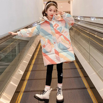 Зимни памучни дрехи за момичета 2023 Ново цветно модно детско дълго яке Удебелено ветроустойчиво топло палто Parker за сняг TZ979