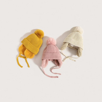 Зимна бебешка плетена шапка с ушанки Едноцветна шапка с помпон Шапка Деца Момче Момиче Дебели топли плюшени шапки за защита на ушите Боне