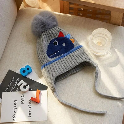 Armas dinosauruse beebimüts talvepehme puuvillane soe kudumine poisi tüdruku mütsid armsad pompoonid multifilmid kõrvasooja kaitsekapott