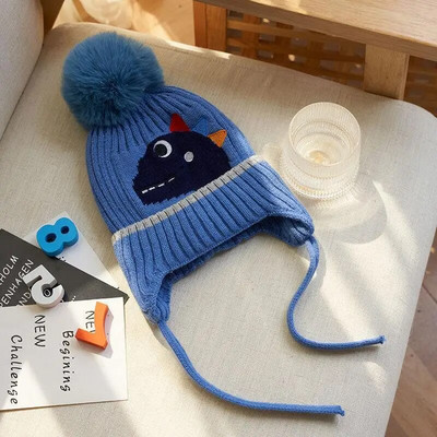 Armas dinosauruse beebimüts talvepehme puuvillane soe kudumine poisi tüdruku mütsid armsad pompoonid multifilmid kõrvasooja kaitsekapott