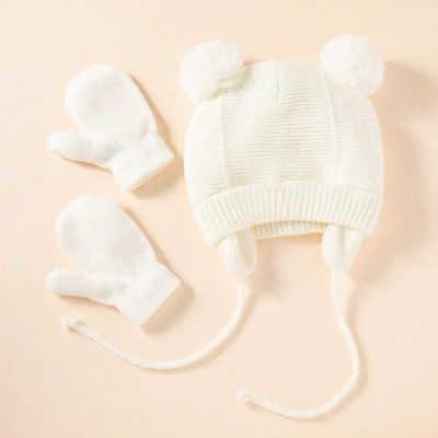 Drăguț tricotat pălărie pentru bebeluș cu pompon, groasă, caldă, fată, băiat, căciulă de iarnă pentru urechi, set de șapcă caldă pentru copii, mănuși, pălării, bonetă pentru nou-născut