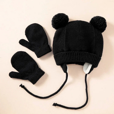 Drăguț tricotat pălărie pentru bebeluș cu pompon, groasă, caldă, fată, băiat, căciulă de iarnă pentru urechi, set de șapcă caldă pentru copii, mănuși, pălării, bonetă pentru nou-născut
