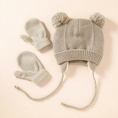 Drăguț tricotat pălărie pentru bebeluș cu pompon, groasă, caldă, fată, băiat, căciulă de iarnă pentru urechi, set de șapcă caldă pentru copii, mănuși, pălării, bonetă pentru nou-născut