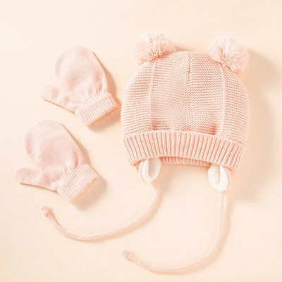 Drăguț tricotat pălărie pentru bebeluș cu pompon, groasă, caldă, fată, băiat, căciulă de iarnă pentru urechi, set de șapcă caldă pentru copii, mănuși, pălării, bonetă pentru nou-născut