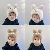 Γελοιογραφία Baby Beanie Cap Winter Pompom Παιδικά Καπέλα Προστασίας Αυτιών Κασκόλ Χαριτωμένο αρκουδάκι Πλεκτό Καπέλο Κάλυμμα λαιμού για νήπιο αγόρι κοριτσάκι καπό