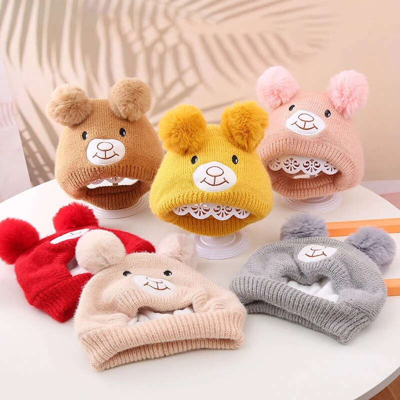 Γελοιογραφία Baby Beanie Cap Winter Pompom Παιδικά Καπέλα Προστασίας Αυτιών Κασκόλ Χαριτωμένο αρκουδάκι Πλεκτό Καπέλο Κάλυμμα λαιμού για νήπιο αγόρι κοριτσάκι καπό