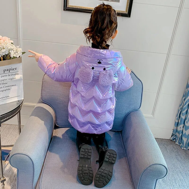 Mergaičių striukė Vaikiškas 2023 m. žiemos paltas Nauja mergaičių pūkinė medvilninė striukė su ilgu gobtuvu, purpurinė rožinė viršutiniai drabužiai, meškiukas, nemokama dovana