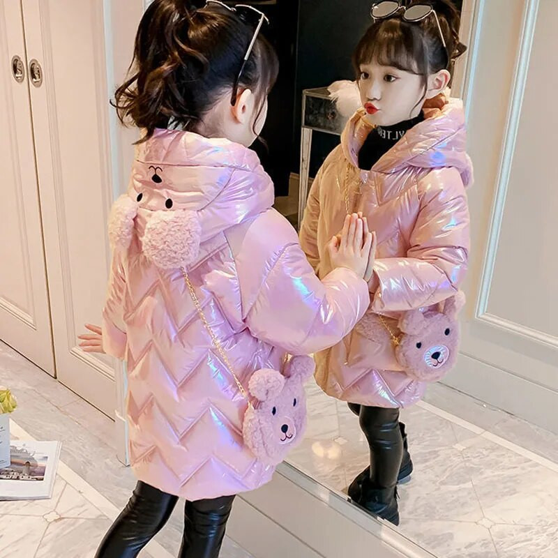 Mergaičių striukė Vaikiškas 2023 m. žiemos paltas Nauja mergaičių pūkinė medvilninė striukė su ilgu gobtuvu, purpurinė rožinė viršutiniai drabužiai, meškiukas, nemokama dovana