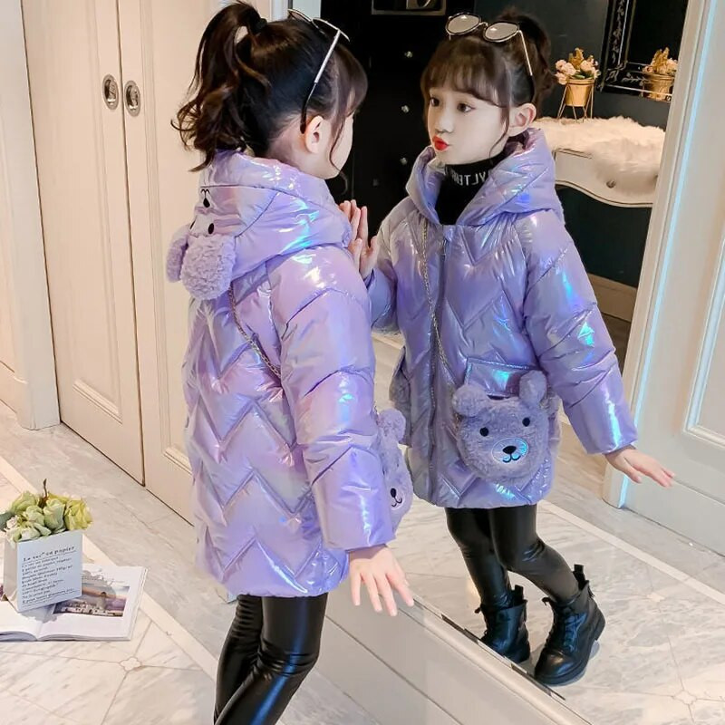 Mergaičių striukė Vaikiškas 2023 m. žiemos paltas Nauja mergaičių pūkinė medvilninė striukė su ilgu gobtuvu, purpurinė rožinė viršutiniai drabužiai, meškiukas, nemokama dovana