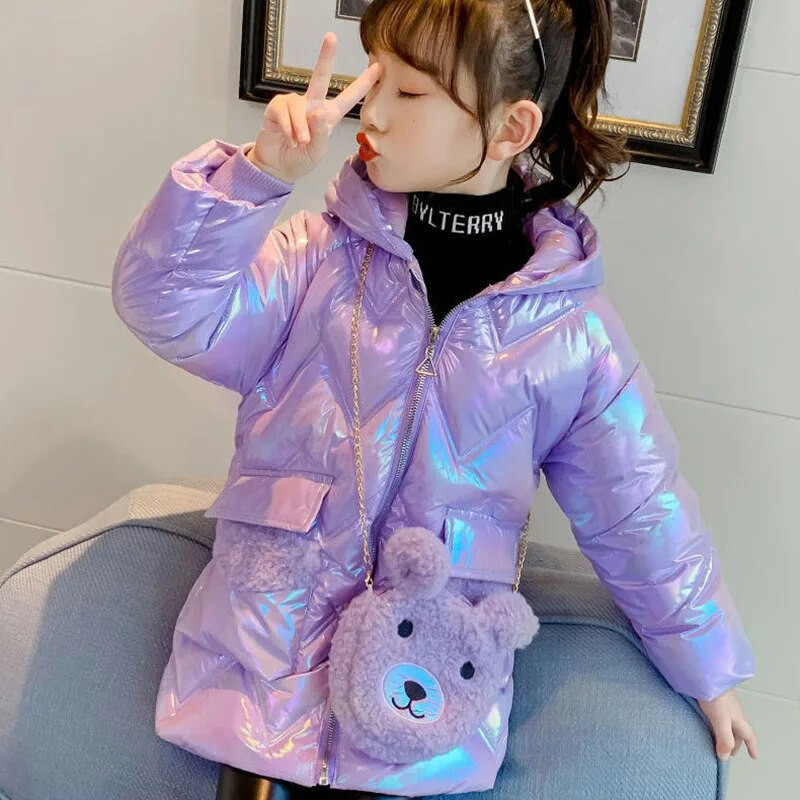 Mergaičių striukė Vaikiškas 2023 m. žiemos paltas Nauja mergaičių pūkinė medvilninė striukė su ilgu gobtuvu, purpurinė rožinė viršutiniai drabužiai, meškiukas, nemokama dovana