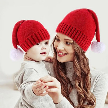Родител-дете Коледна шапка Голям помпон Майка Деца Плетена шапка Шапка Зимна топла шапка за бебета Момичета Момчета Коледен подарък Бебешки аксесоари
