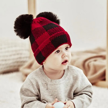 Родител-дете Коледна шапка Голям помпон Майка Деца Плетена шапка Шапка Зимна топла шапка за бебета Момичета Момчета Коледен подарък Бебешки аксесоари