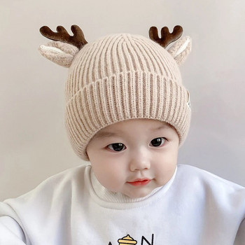 Χαριτωμένο καπέλο μωρού με κέρατα κινουμένων σχεδίων Χειμωνιάτικο ζεστό καπέλο με μπισκότα για βρέφη αγόρια κορίτσια Kawaii μονόχρωμα καπέλα με βελονάκι για νήπια ελάφια άλκες