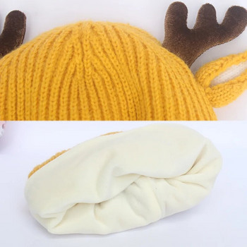 Сладки анимационни рога Бебешка плетена шапка Зимна топла шапка с шапка за бебета Момчета Момичета Kawaii Плътен цвят Елен Елк Малки плетени шапки